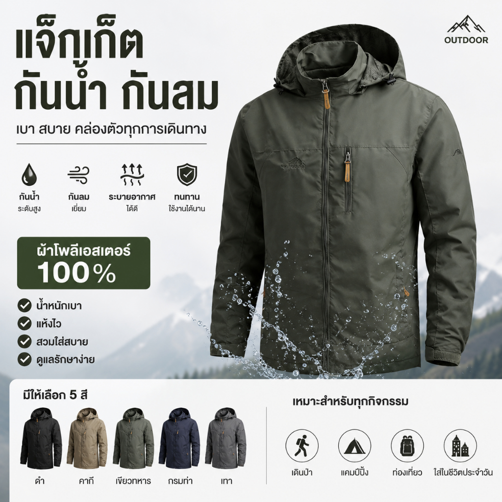 ผู้ชายเสื้อแจ็คเก็ตยุทธวิธีกันน้ํากลางแจ้ง  Hooded Coat เสื้อแจ็คเก็ตผ้าร่ม Field ปีนเขาบาง