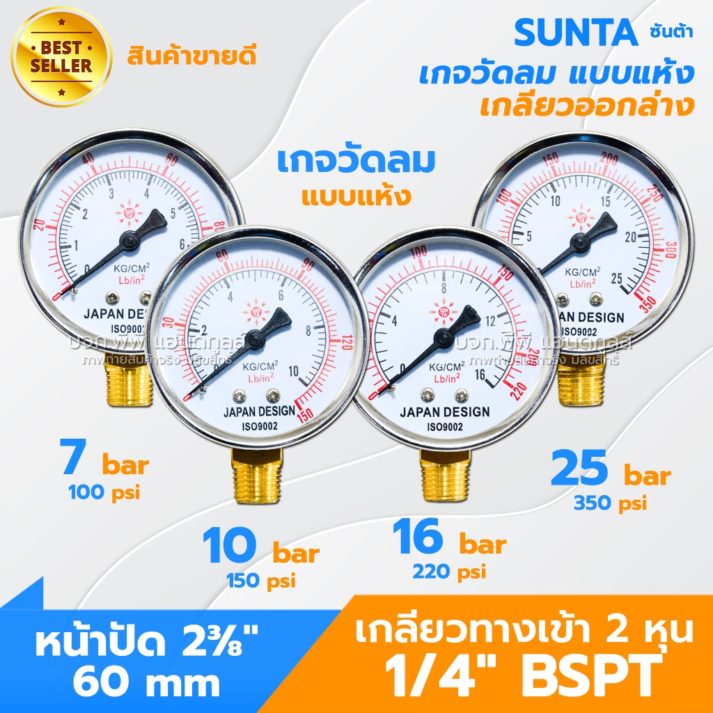 เกจวัดแรงดันลม แบบแห้ง ขนาด 60 mm. เกลียวล่าง 1/4" BSPT ทองเหลือง หน้าปัดใหญ่ อ่านง่าย เกจวัดลมแบบแห้ง หน้าปัดปั๊มลม