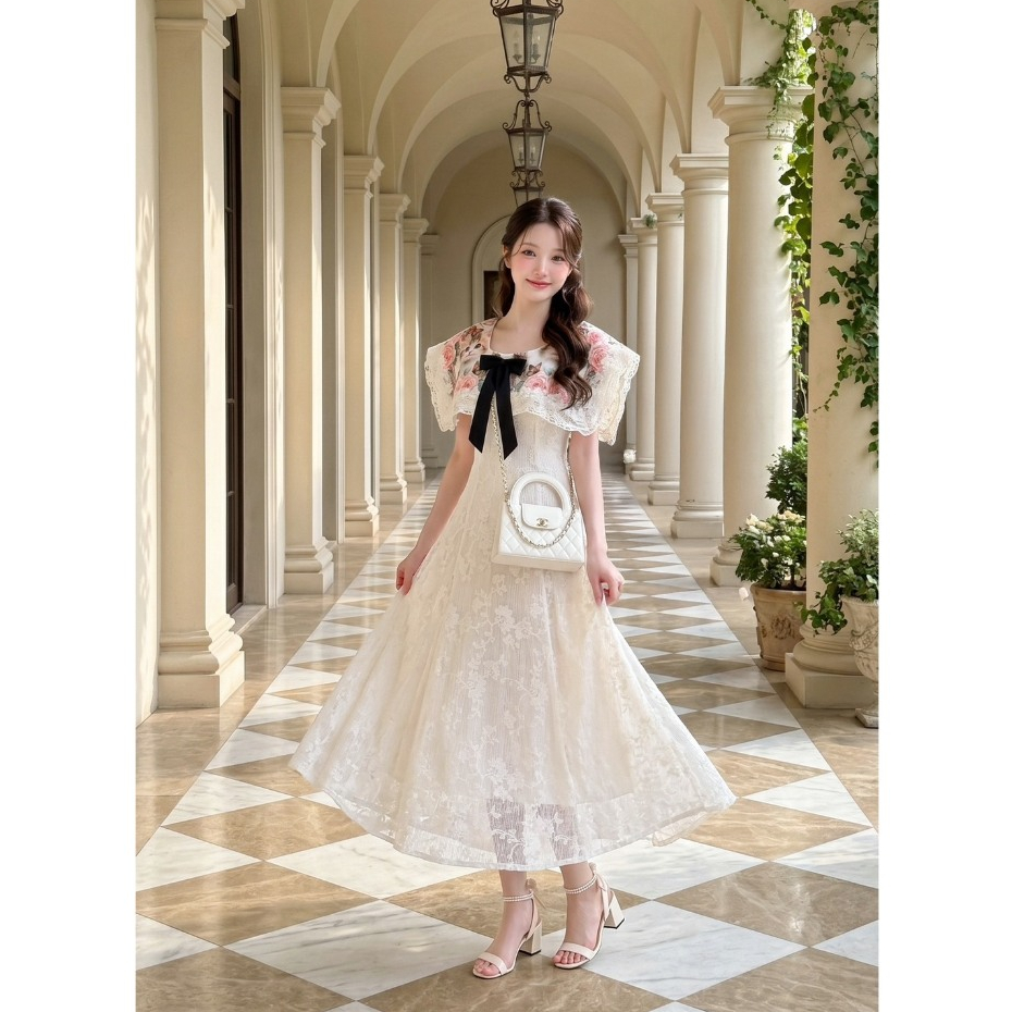 (มี3XL) Maria Diamond สีครีม Emily Lace Dress เดรสยาวผ้าลูกไม้ปกเหลี่ยมวินเทจพิมพ์ลาย แต่งโบว์ดำ ซิปหลัง มีซับในทั้งชุด