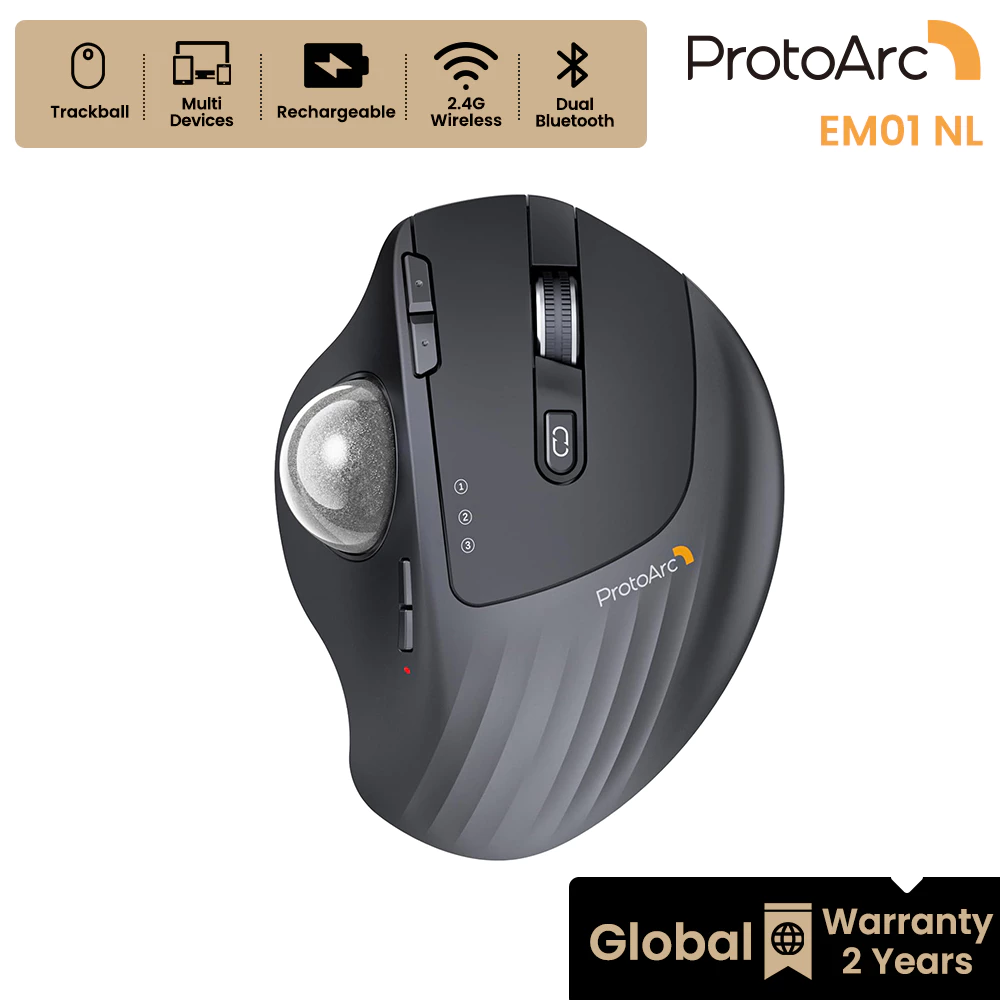 ProtoArc EM01 NL เมาส์แทร็กบอลไร้สาย 2.4G + Bluetooth 2 ช่อง ชาร์จไฟได้ ลูกบอลสีเงิน รับประกัน 2 ปี