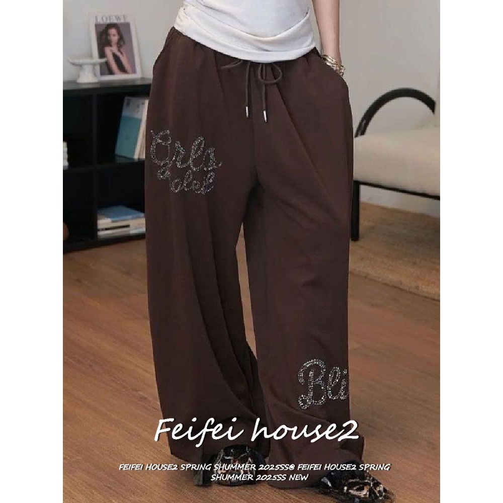 [Feifei-Rhinestone Hotfix Trousers]กางเกงขายาวเต้นแจ๊ซรอยพับผู้หญิงประดับตัวอักษรคริสตัลร้อนติด