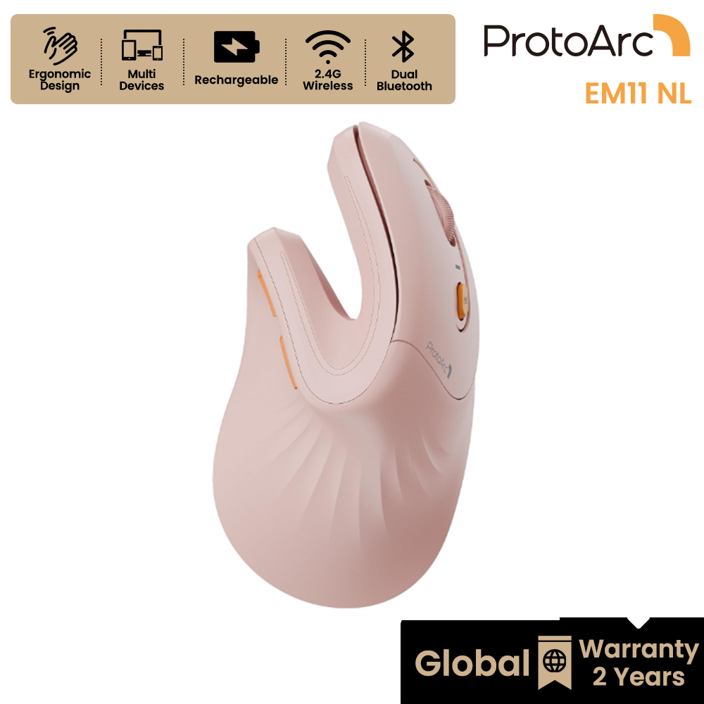 ProtoArc EM11 NL เมาส์แนวตั้ง Ergonomic เพื่อสุขภาพ ไร้สาย บลูทูธ 2 ช่อง + 2.4G ชาร์จได้ สีชมพู รับประกัน 2 ปี