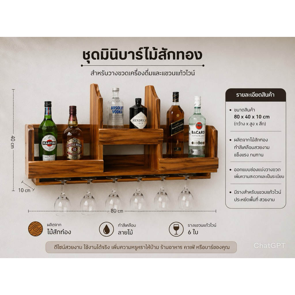 ชุดไวน์ 3 ช่อง ไม้สักทอง
