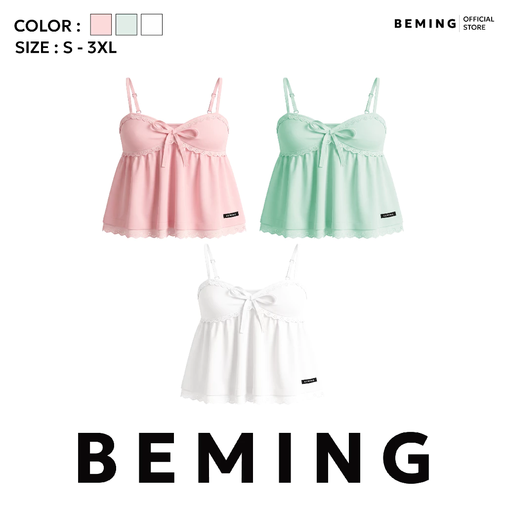 Bemingtop1211(S-3XL)-Pogy Cami Top - สายเดี่ยวดีไซน์หวานละมุนดีเทลโบว์ผูกช่วงอกและลูกไม้เล็กๆรอบตัว