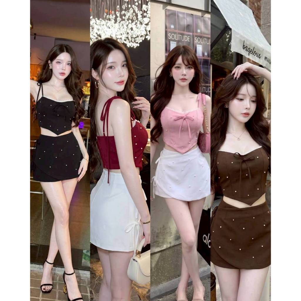 Porntida ชุดเซต2 ชิ้น เสื้อสีน้ำตาลแต่ง detail เพชรตามเสื้อใส่เสื้อผูกไหล่แต่งขอบลูกไม้