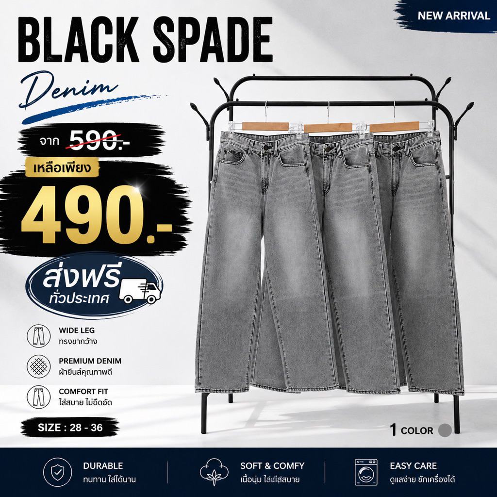 BLACK SPADE ยีนส์ขายาวทรง Straight Loose รุ่น 092 กางเกงยีนส์ทรงหลวม ฟอกวินเทจ