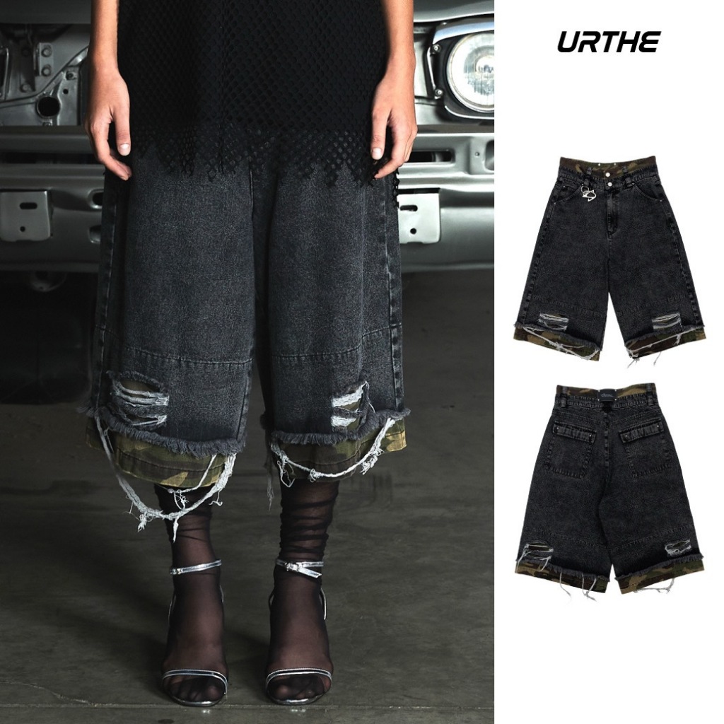 URTHE - กางเกงยีนส์ ขาดเซอร์ แต่งลายพราง รุ่น MILITARY JEAN SHORTS - Col. OZDE UNTITLED