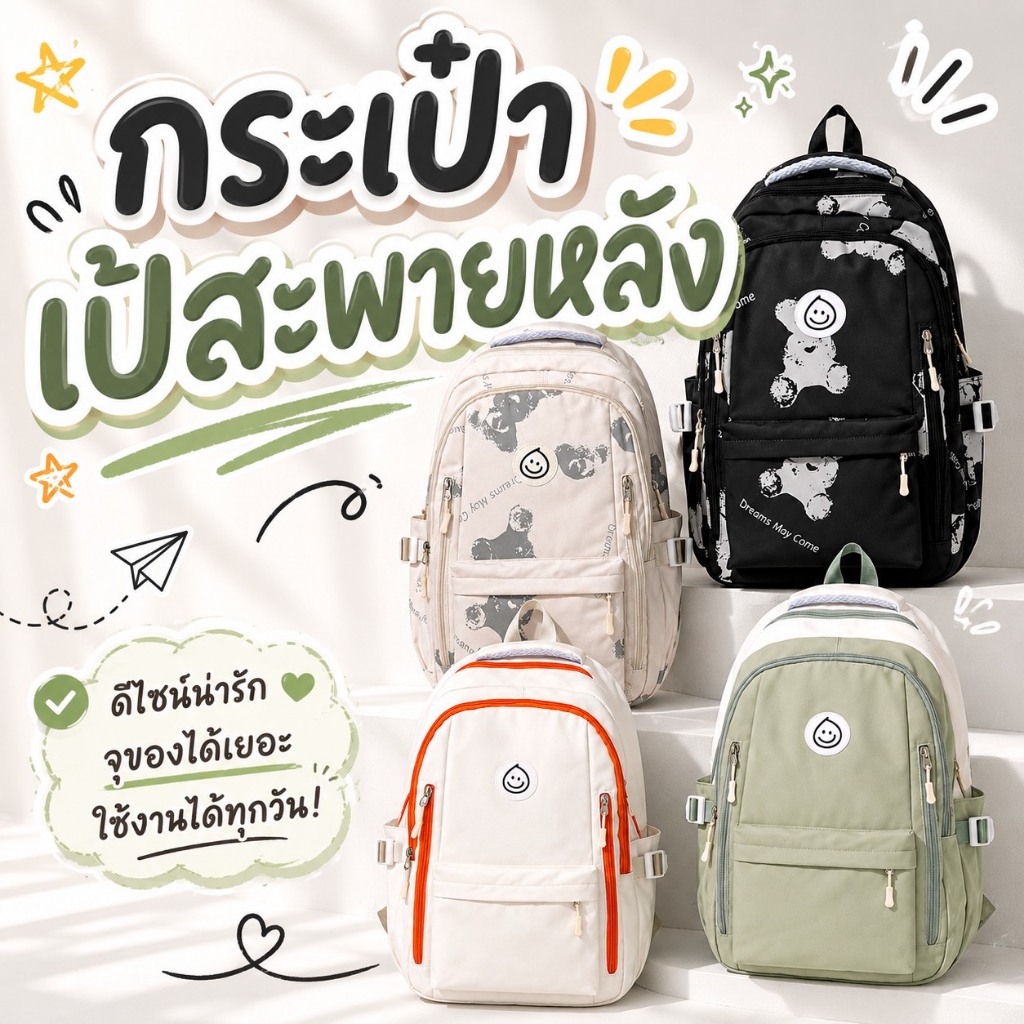 กระเป๋าเป้สะพายหลัง กระเป๋านักเรียน กระเป๋าเกาหลี  จุของเยอะ Backpack ใส่โน้ตบุ๊กได้ ขนาด40cm*15cm*25cm (ส่งจากไทย)