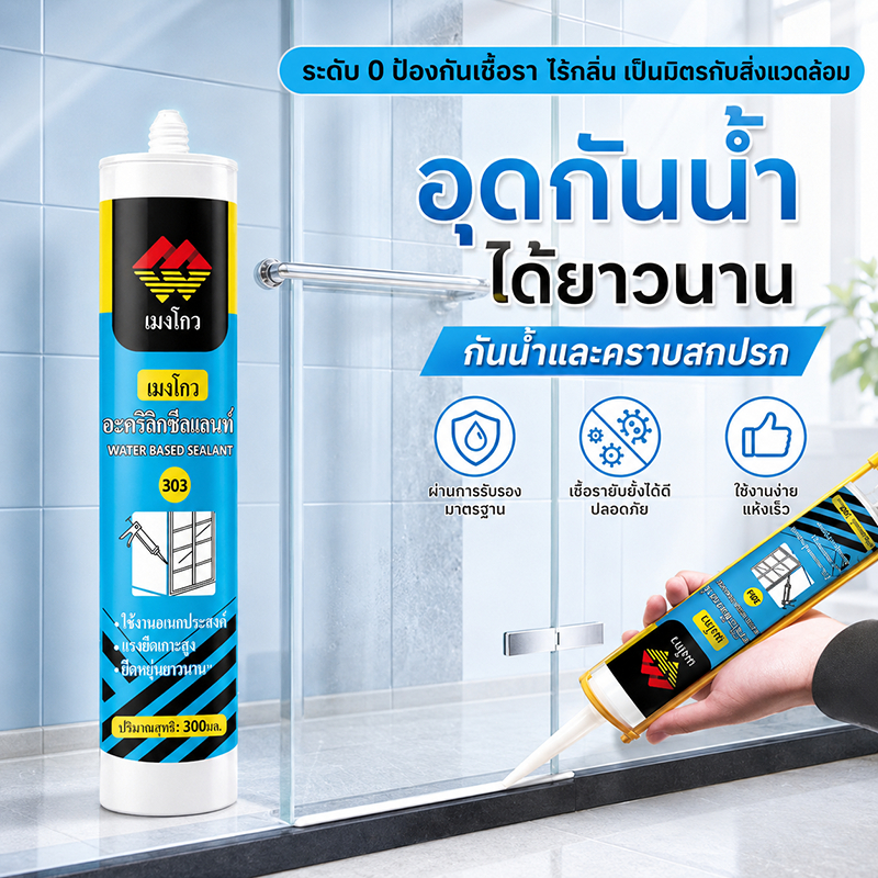 กาวยาแนวสูตรน้ำ 303 กาวซีลประตูหน้าต่าง กันน้ำ กันแดด ทนฝน ไม่มีกลิ่น 300g สำหรับครัวห้องน้ำ มีหลายสี