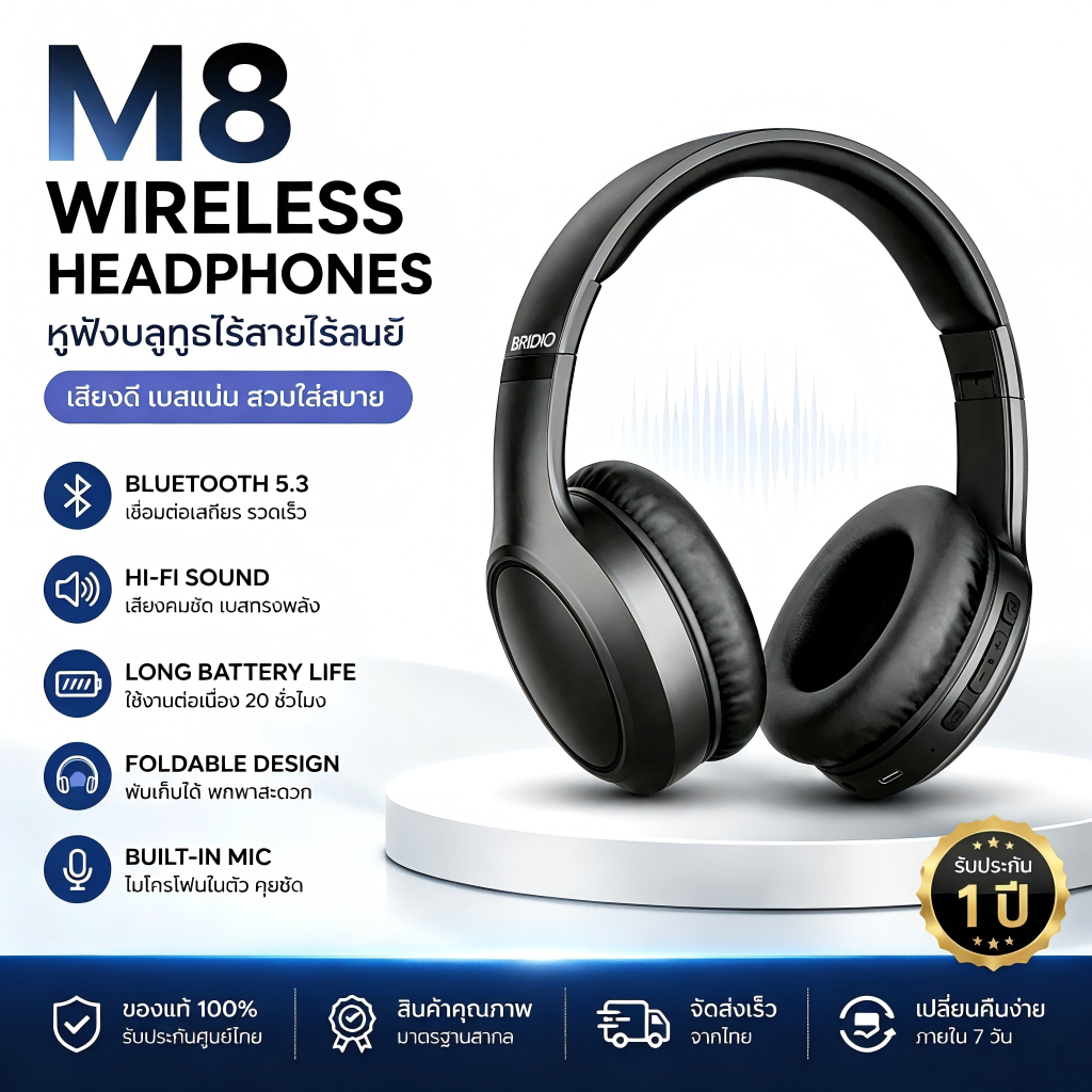 Bridio M8 หูฟังบลูทูธ รองรับ Bluetooth 5.4 3EQ Noise Reduction Headphone Low Latencyหูฟัง with MIC หูฟังครอบหู 20ชั่วโมง
