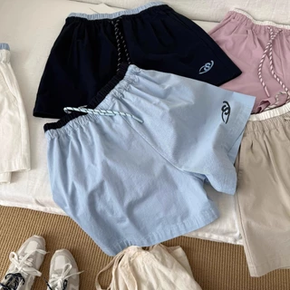 cherryshop พร้อมส่ง กางเกงขาสั้นสีน้ำเงินเชือกผูกเอวสไตล์เกาหลีสำหรับผู้หญิงที่สวมใส่สบายในช่วงฤดูร้อน