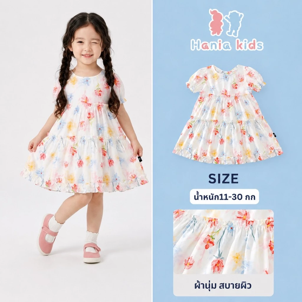 Hania Kids พร้อมส่ง เดรสลายดอกไม้สีสันสำหรับเด็กผู้หญิง ผ้าฝ้าย ใส่สบาย K5125698