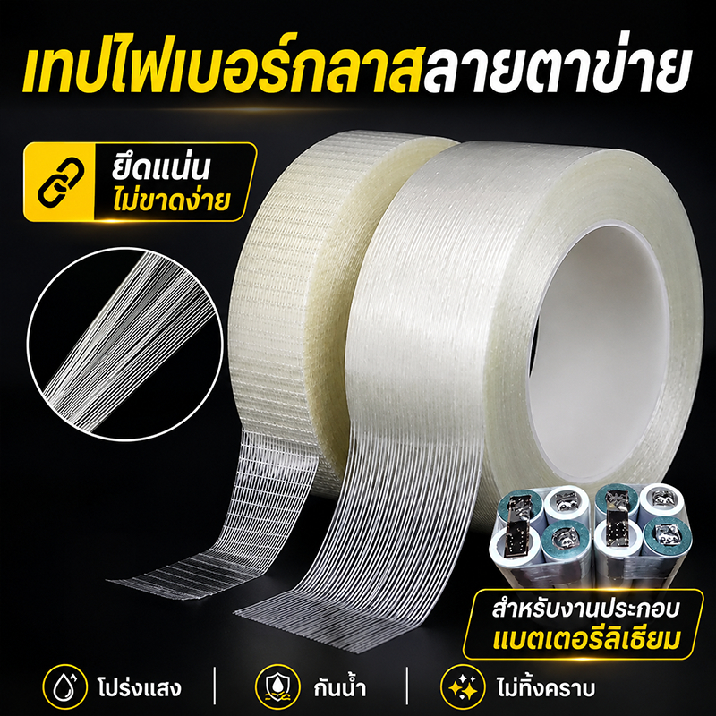 เทปไฟเบอร์กลาสตาข่าย เทปใยแก้วกาวแรงสูง กันน้ำ ทนแรงดึง ไม่ขาดง่าย สำหรับแพ็กของ ซ่อมแซม 4.5/8ซม.x20ม.