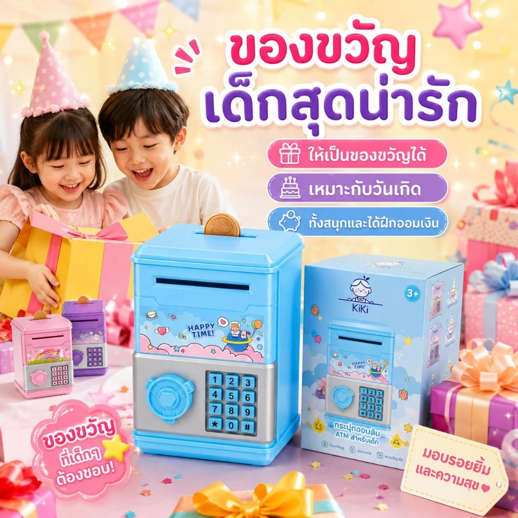 KiKi กระปุกออมสิน ATM 3 สี ใส่เหรียญธนบัตรได้ ปุ่มกดจำลอง ของขวัญเด็ก thumbnail 6