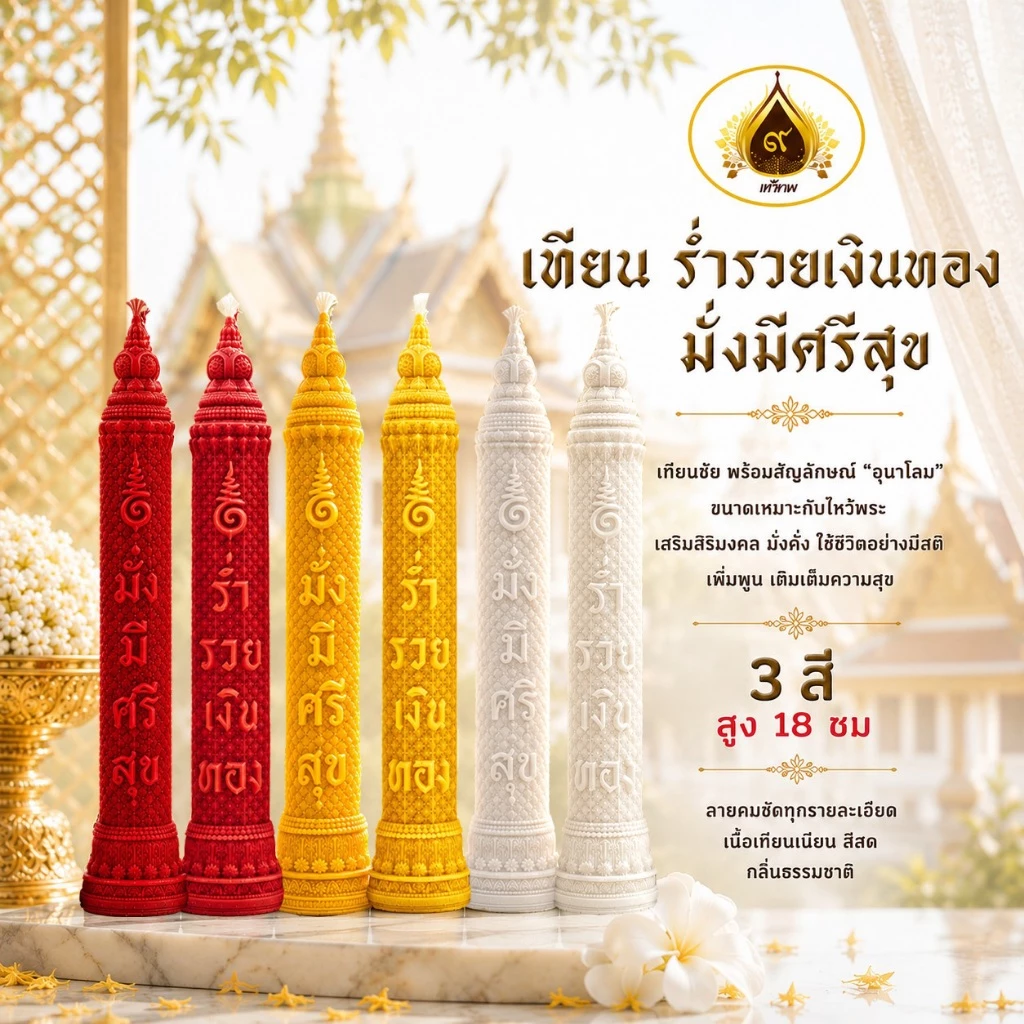 เทียนคำมงคล เทียนพรรษา เทียนร่ำรวยเงินทอง มั่งมีศรีสุข