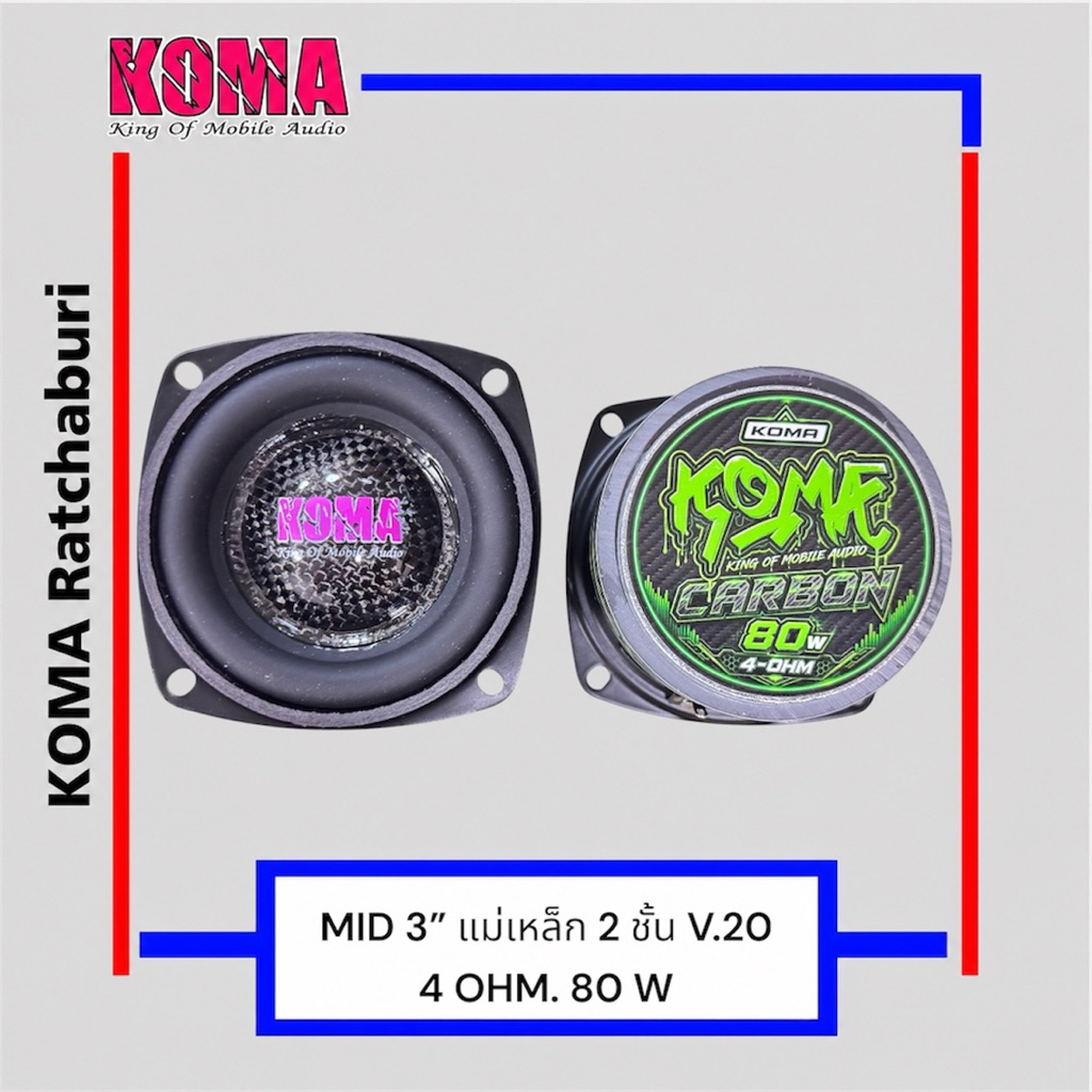 ดอกลำโพงเสียงกลาง KOMA 3 นิ้ว 4 OHM. 80 วัตต์ แม่เหล็ก 2 ชั้น V.20 ราคาต่อคู่ 2 ดอก กลาง 3 นิ้ว มาใหม่