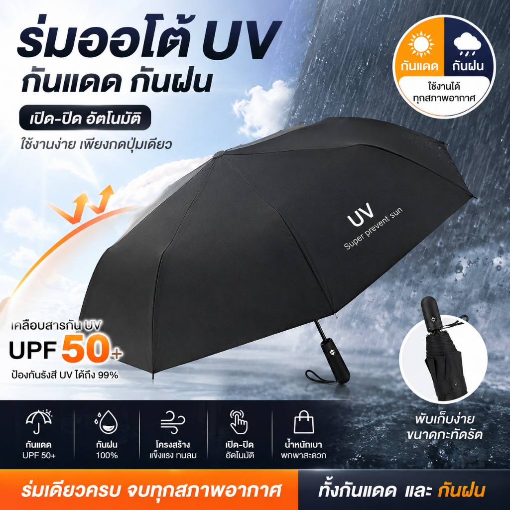 ร่มพับอัตโนมัติ อัตโนมัติ UV สำหรับวันที่แดดจัดและฝนตกคุณภาพร่ม UV เสริมโครง (8 กระดูก)