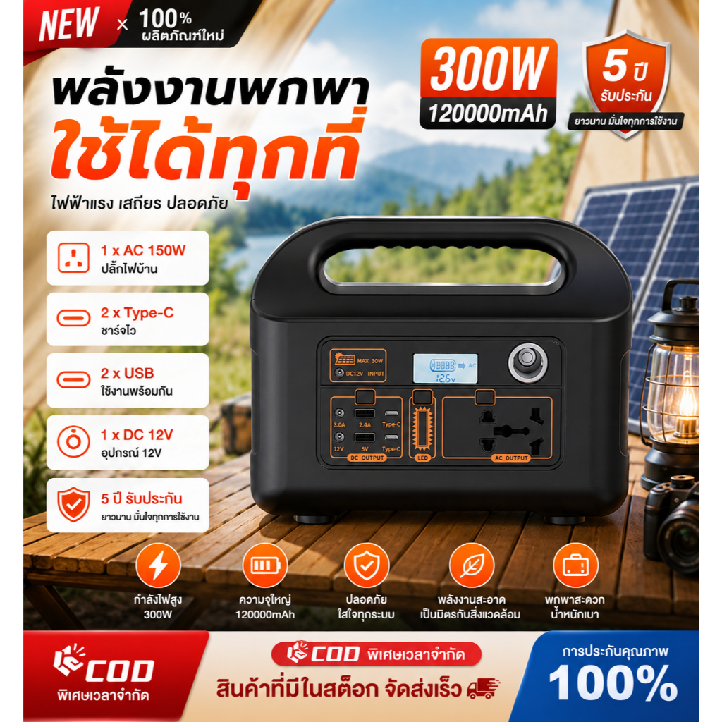 PINNSHENG Portable Power Station เครื่องสํารองไฟห เครื่องสำรองไฟกลางแจ้งอัจฉริยะ 150W/300W แหล่งจ่ายไฟแบบพกพา 220V