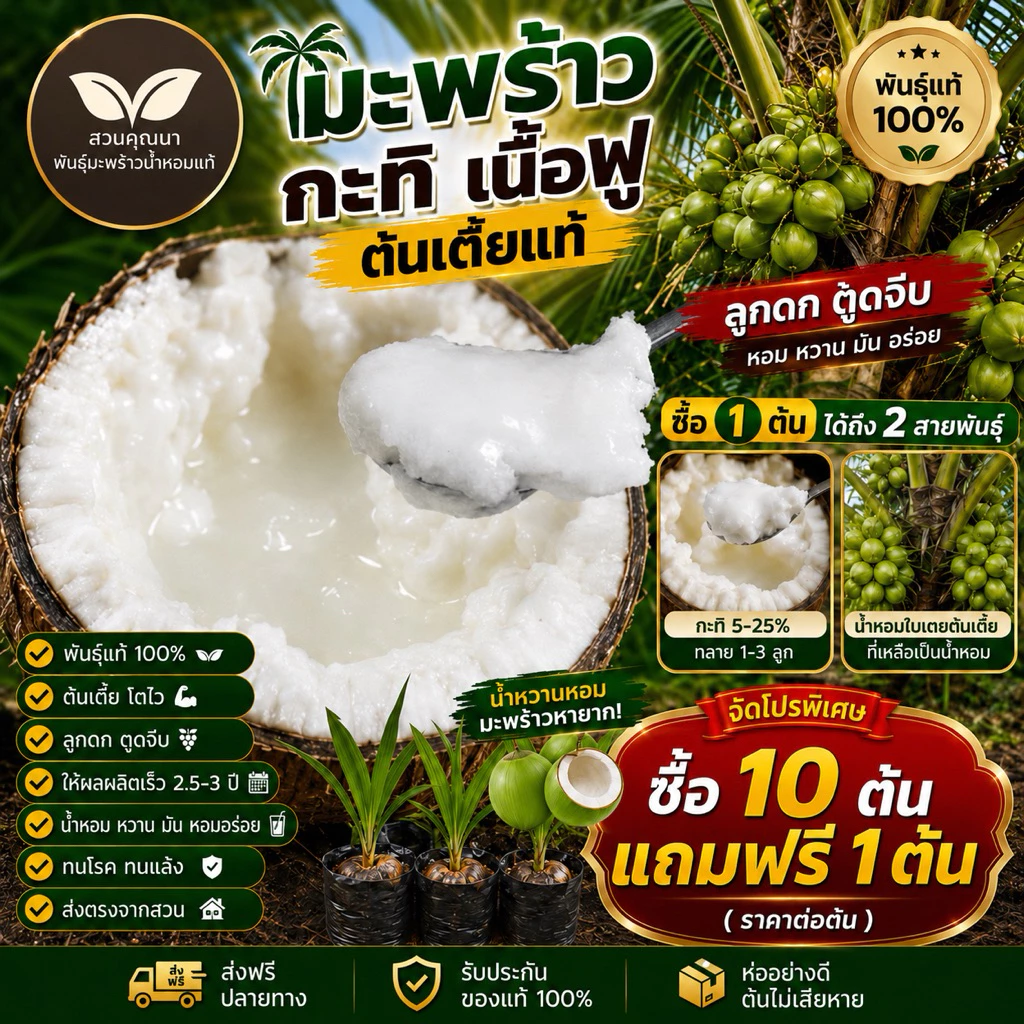 10ต้นแถม1ต้น (ต้นละ 89.-)มะพร้าวกะทิน้ำหอม ต้นเตี้ย สายพันธุ์บ้านแพ้ว อัมพวา ดำเนิน ส่งตรงจากสวน สายพันธุ์หายาก