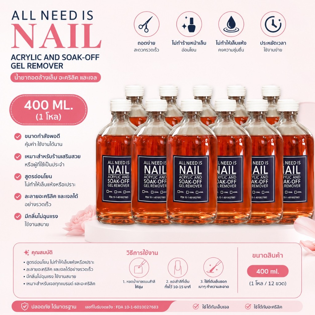 น้ำยาถอดสีเจล น้ำยาล้างเล็บ (ยกลัง12ขวด) REMOVER ALL NEED IS NAIL สินค้าพร้อมจัดส่ง