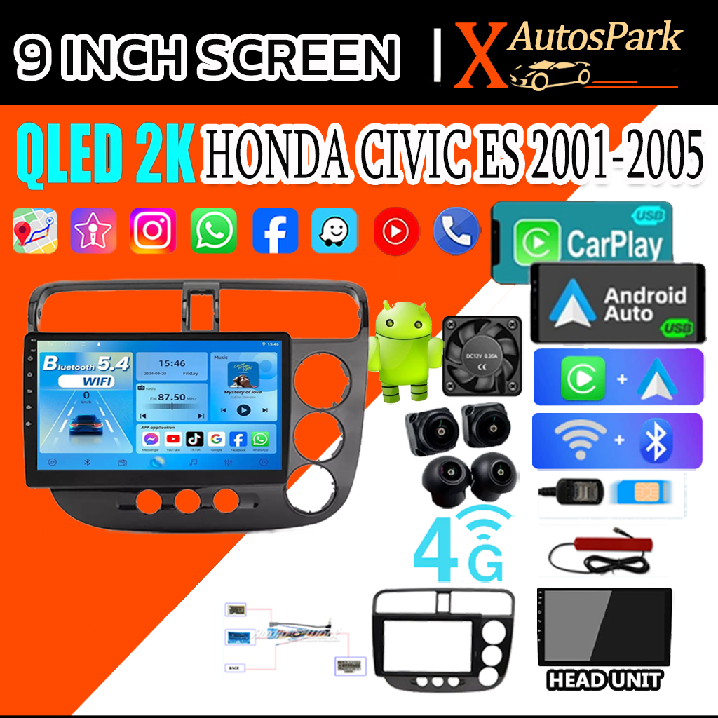 2K จอแอนดรอย จอ android 9นิ้ว Honda Civic ES 01-05 WIFI+GPS 360°+SIM Carplay+Youtube จอติดรถยนต์จอแอ