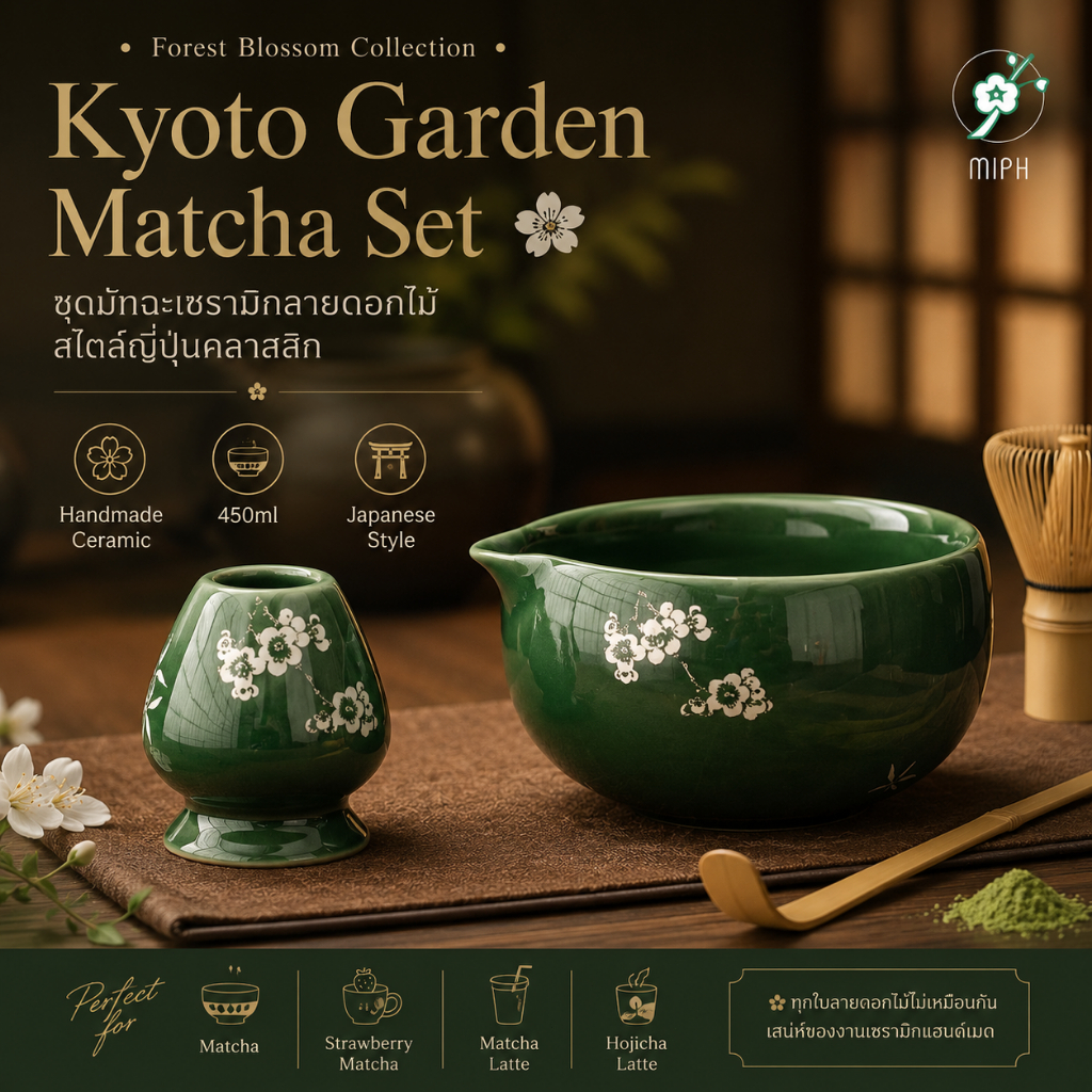 MIPH✿ Kyoto Garden ชุดมัทฉะลายดอกสีเขียว 2/5 ชิ้น ชุดชามมัทฉะ เซรามิกแฮนด์เมด