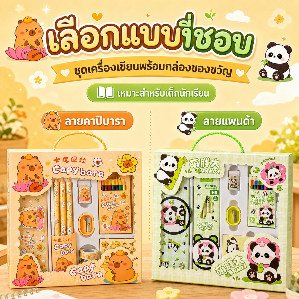 KiKi ชุดเครื่องเขียน กบเหลาดินสอ ไม้บรรทัด ดินสอ ลายการ์ตูนน่ารัก พร้อมกล่องของขวัญ สําหรับน