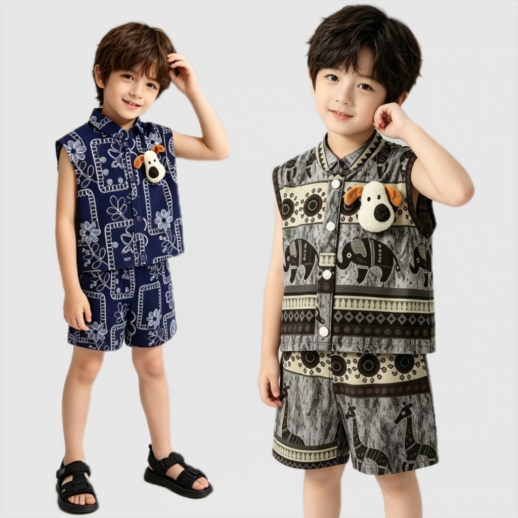 BB330 เซ็ตเสื้อกั๊ก+กางเกงขาสั้นเด็กผู้ชาย ลายดอกไม้และสัตว์น่ารัก พร้อมตุ๊กตา