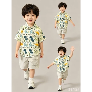 BB336 ชุดเด็กผู้ชายลายไดโนเสาร์ เสื้อเชิ้ตแขนสั้น + กางเกงขาสั้น