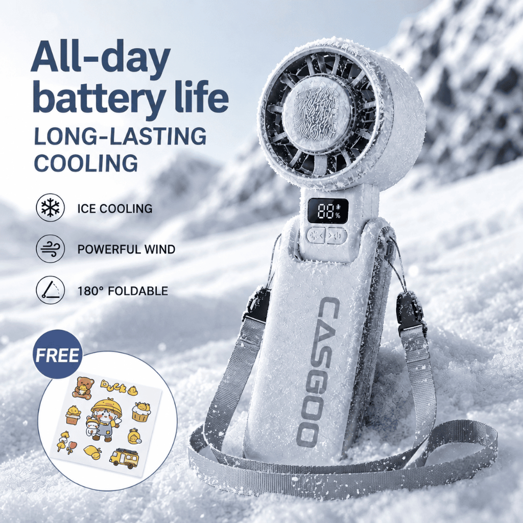 CASGOO K607 พัดลมมือถือ  Ice Cooling Fan USB แรงเย็น แบตเตอรี่ทน จอ LED 5 ระดับความเร็ว + สายคล้องคอ + Sticker แถมฟรี