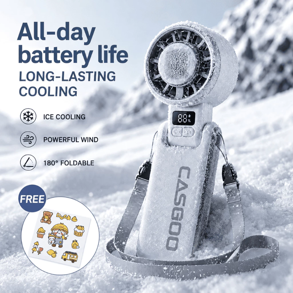 CASGOO K607 พัดลมมือถือ Ice Cooling Fan USB แรงเย็น แบตเตอรี่ทน จอ LED 5 ระดับความเร็ว + สายคล้องคอ + Sticker แถมฟรี