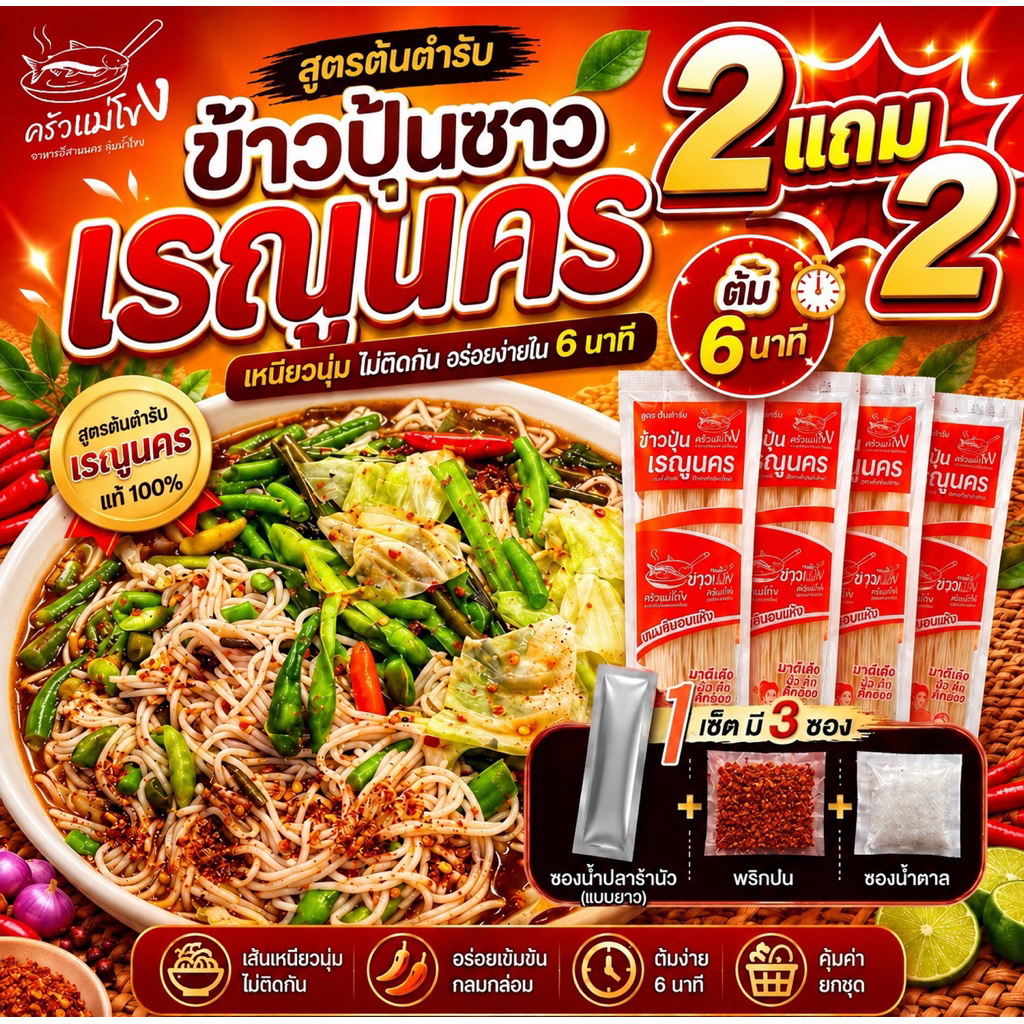 ชุดข้าวปุ้นซาวเรณูนคร 2 แถม 2 สูตรต้นตำรับเรณูนครแท้ ๆ ชุดพร้อมทานขนาดห่อละ 100 กรัม เส้นเหนียวนุ่มหอมปลาร้า ต้ม 6 นาที