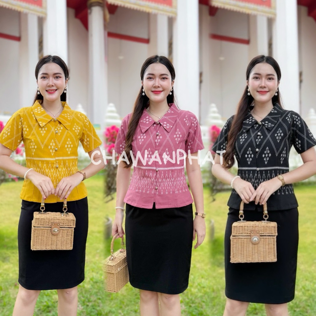 [อก 34-46] 🖤𝙅𝙏 เสื้อผ้าฝ้ายพิมพ์ลายไทย คอปกเชิ้ต แขนสั้น แต่งกระดุมเงิน