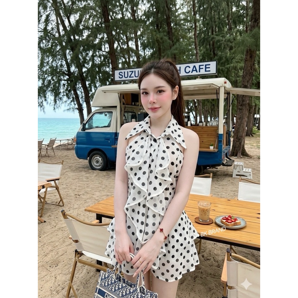 Phapassz - Setมินิเดรส 2 ชิ้น โพกาดอทสาวเวียดนามคอปกกระดุมแต่งระบาย กางเกงขาสั้นบอลลูนดึงยางรอบเอวงานมีซับใน #BK BRAND