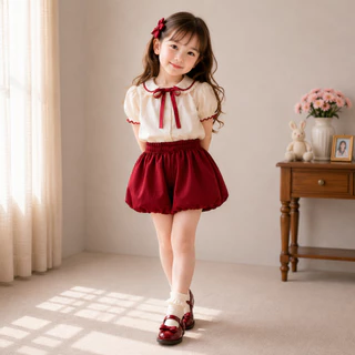 กระโปรงกางเกงบอลลูนของผู้หญิง แม่และเด็ก สีแดงเชอร์รี่ (สีใหม่)