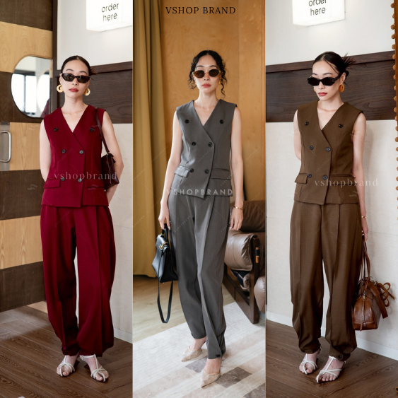 พร้อมส่ง Set เสื้อสูทแขนกุดกระดุมคู่+กก.ขายาวแต่งกระดุมปลายขา งานป้ายvshopbrand