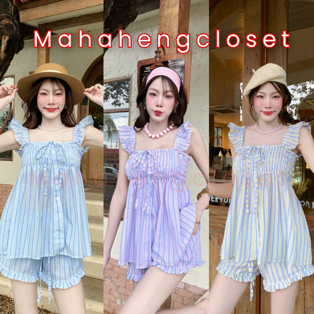 💰Mahahengcloset💰เสื้อคอเหลี่ยมลายริ้วหวาน แขนระบาย ผูกโบว์หน้า สม็อครอบอก สไตล์ลูกคุณ น่ารักมาก💕