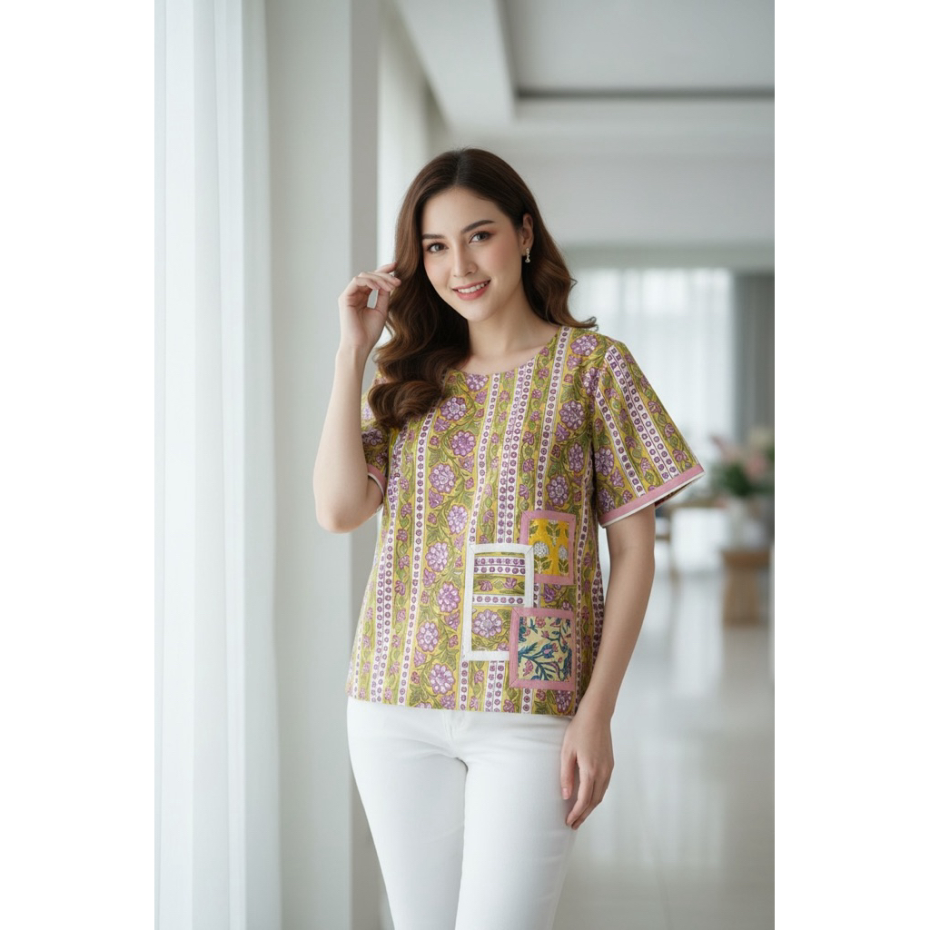 new ✅L42เสื้อคอกลมผ้าป่ะผู้หญิงแบบเรียบ
