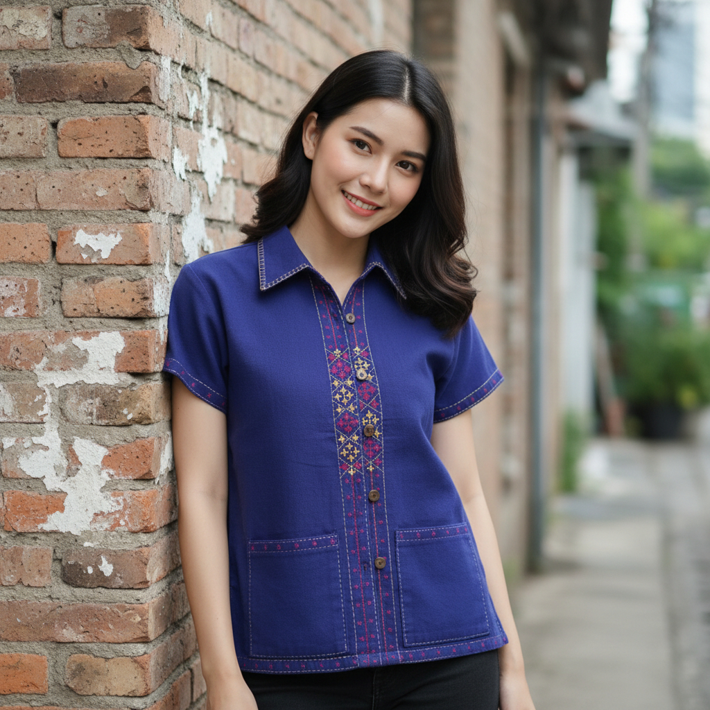 เสื้อผ้าเมืองผู้หญิง เสื้อคอเชิ้ตม่อฮ่อมดอกจิกคลาสสิก ยิ่งใช้สียิ่งสวย แขนสั้น งานวาดมือปักสวยๆ ใส่ทำงานเก๋ๆมีขนาดถึง44"