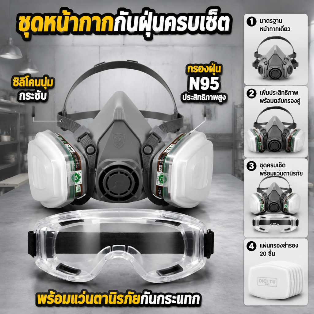 หน้ากากกันสารเคมี 6200 N95 พร้อมตลับกรองและฟิลเตอร์ ใช้พ่นยาฆ่าแมลงและพ่นสีรถ ใส่สบาย ใช้ซ้ำ COD✅