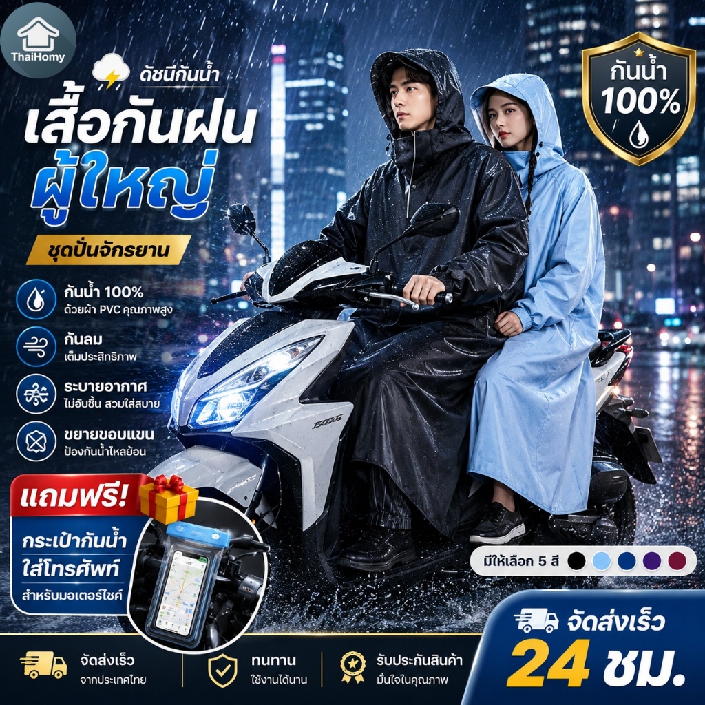 เสื้อกันฝน มีฮู้ด ชุดกันฝน ผ้าอย่างดีหนาๆ ชุดกันฝนขี่มอเตอร์ไซค์ มีซิปและกระดูมพร้อมหมวกกันสาด Oxford ฟรีซองกันน้ำมือถือ