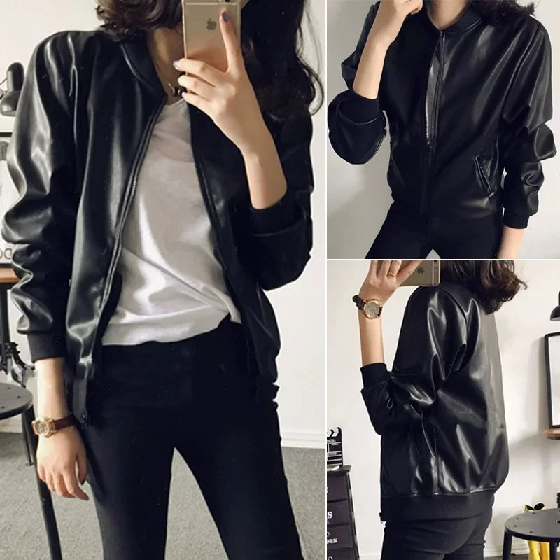 99480เสื้อแจ็คเก็ตหนังสีดำสำหรับผู้หญิง ดีไซน์ซิป รุ่นใหม่ฤดูใบไม้ผลิ-ใบไม้ร่วง สไตล์BF แจ็คเก็ตเบสบอลหนังPU สไตล์เกาหลี
