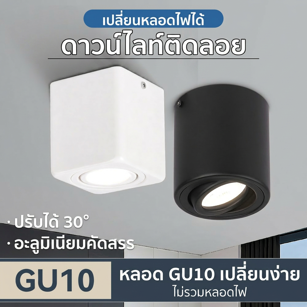 CANMEIJIA โคมไฟสปอตไลท์ติดเพดาน GU10 โคมไฟดาวน์ไลท์ติดลอย ปรับมุมได้ ไม่รวมหลอดไฟ
