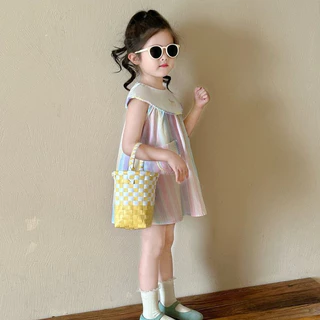 Hania kids พร้อมส่ง ชุดเดรสกระโปรงลายทางสีพาทเทล ลายปัก เนื้อผ้าฝ้าย ชุดเด็กผู้หญิง K4124898