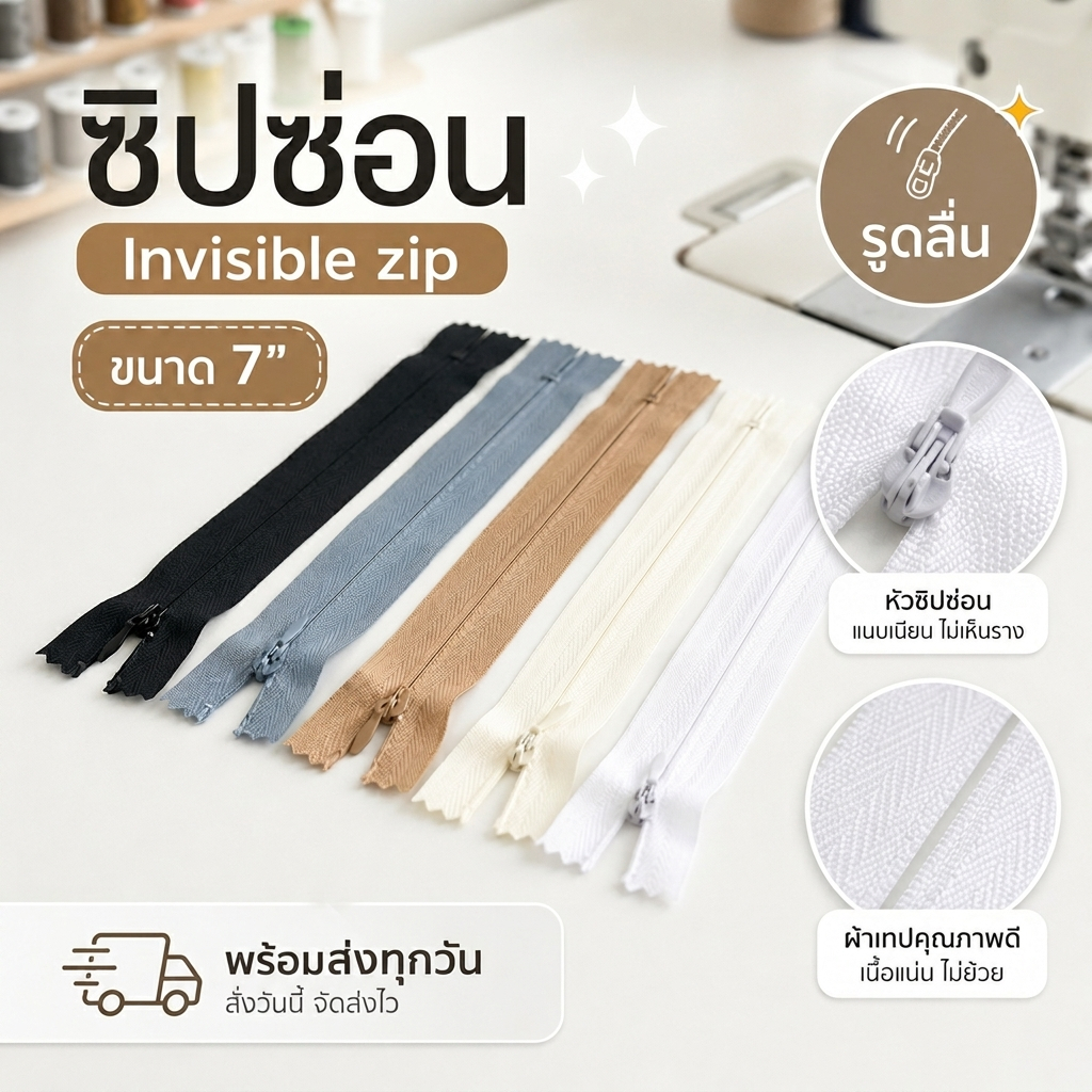 VM zipp ซิปซ่อน 7 นิ้ว (18cm) รูดลื่น คุณภาพดี ซิปเสื้อผ้า DIY พร้อมส่ง
