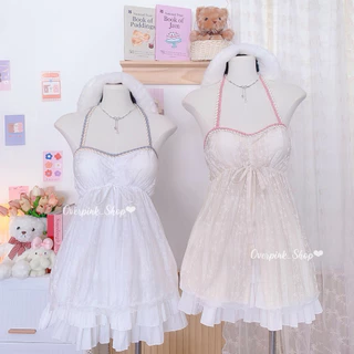 🌸OVP🌸 เสื้อสายเดี่ยวคล้องคอ ผ้าโรซี่(ผ้าบาง) มีฟองนม