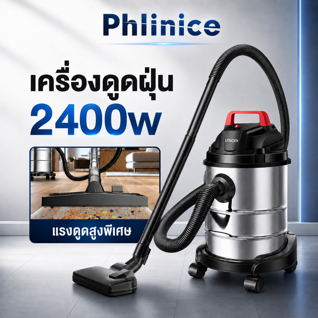 Phlinice 2400W 45L เครื่องดูดฝุ่นที่มีกำลังดูดสูง เครื่องดูดสูญญากาศ ใช้ทำความสะอาดรถ เครื่องดูดฝุ่นอุตสาหกรรม