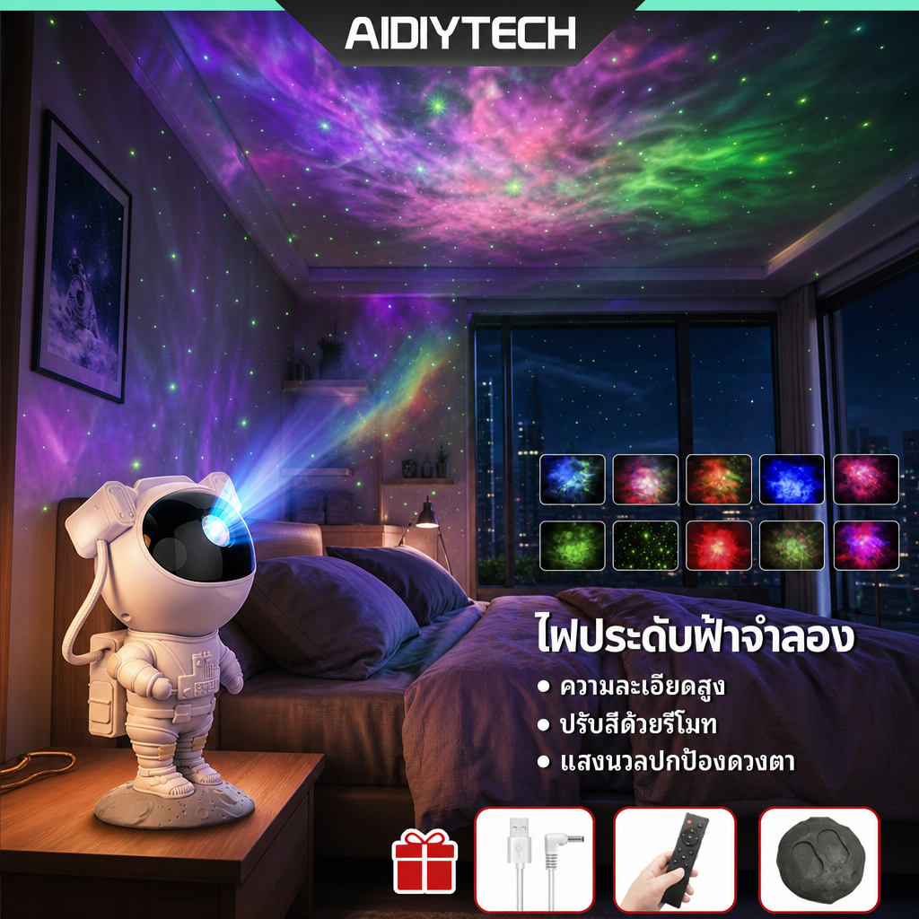 โคมไฟนักบินอวกาศ โปรเจคเตอร์ดาว LED ไฟกาแลคซี่ ไฟแต่งห้องนอนมินิมอล ฉายแสงเลเซอร์ดวงดาว ปรับได้ 360 องศา [ส่งด่วน]