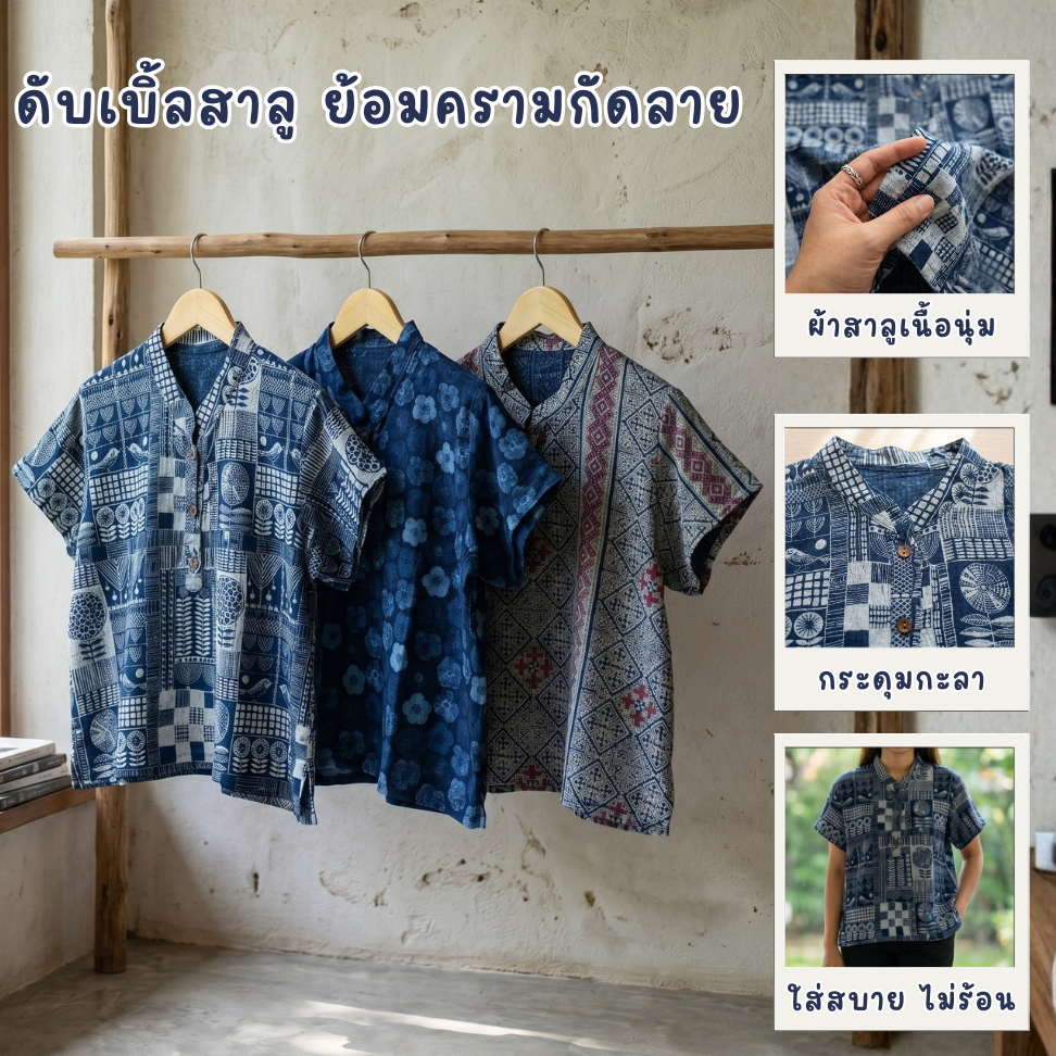 คอจีนเจาะโปโล กระดุมกะลา ผ้านุ่ม ใส่สบาย สาลูย้อมคราม  ผลิตจากผ้าฝ้ายสาลู 2 ชั้นแท้ นุ่มพิเศษ