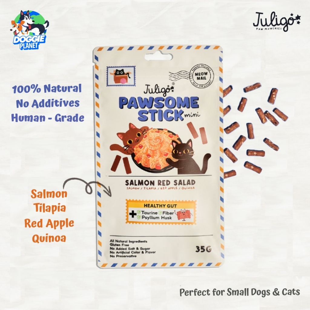 Juligo Pawtastick Mini ขนมสุนัข ขนมแมว แท่งนุ่ม สูตรแซลมอน & ซูเปอร์ฟู้ด ไม่เค็ม บำรุงขน 35 g